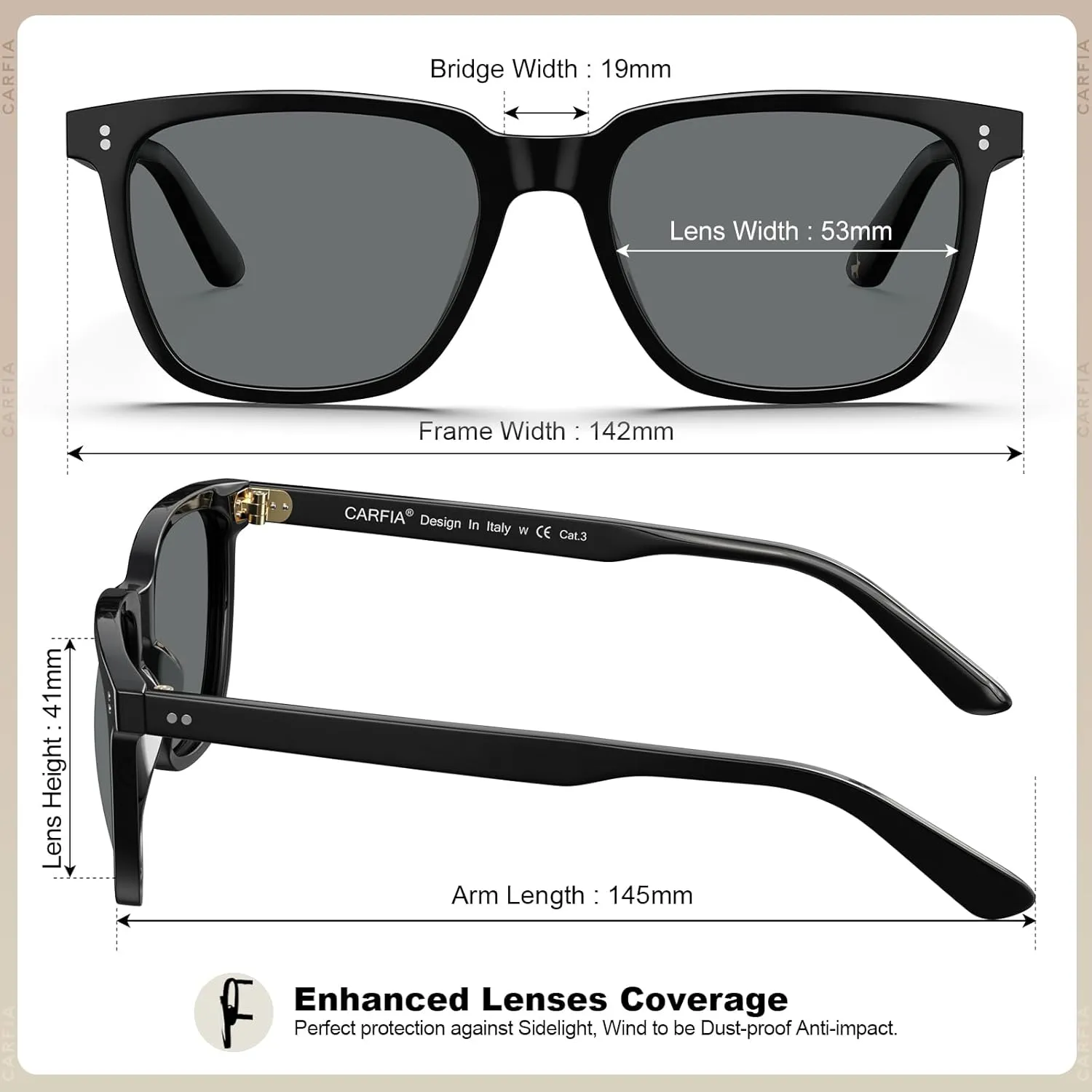 CARFIA Retro Acetate Polarized Sunglasses for Men UV400 Protection Driving Outdoor Anti-Glare Sun Glasses CA5354WS