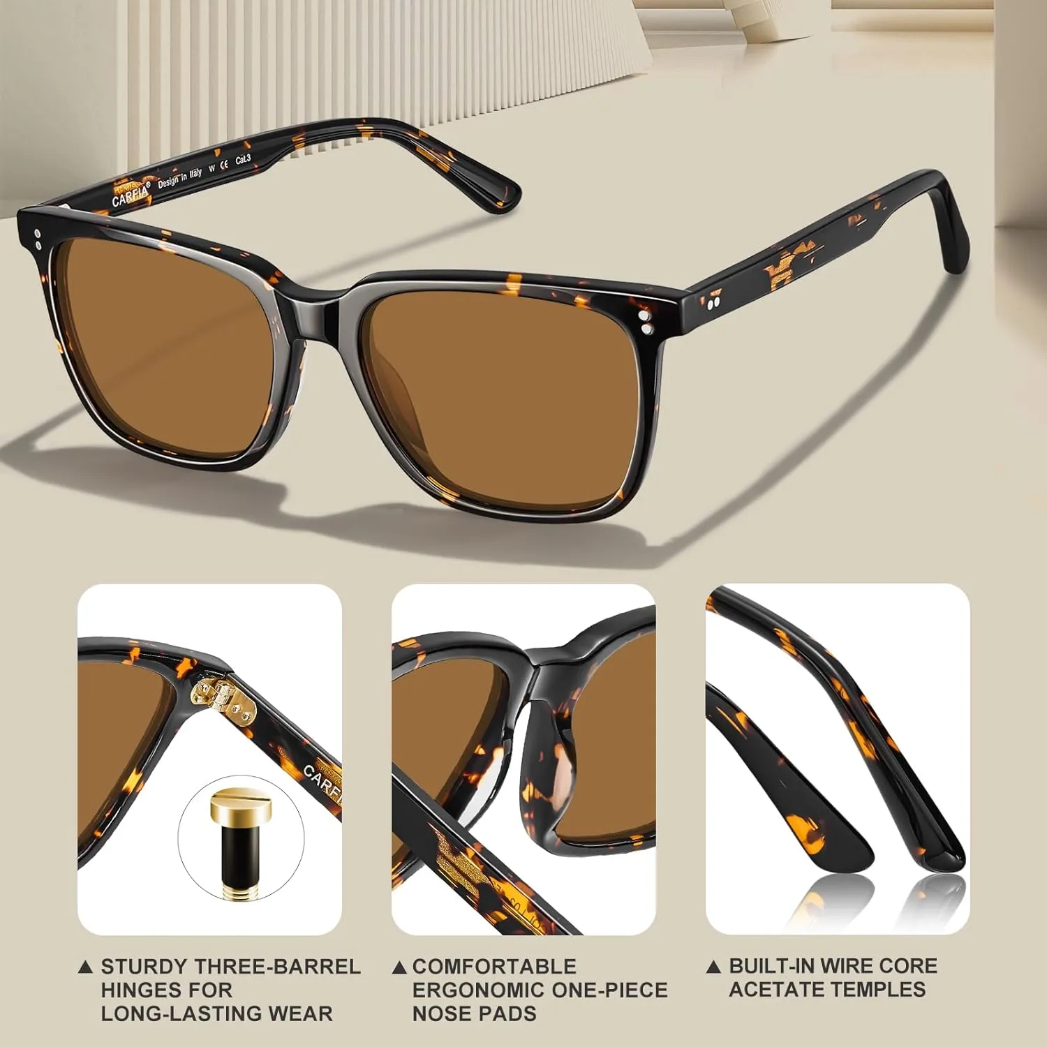 CARFIA Retro Acetate Polarized Sunglasses for Men UV400 Protection Driving Outdoor Anti-Glare Sun Glasses CA5354WS