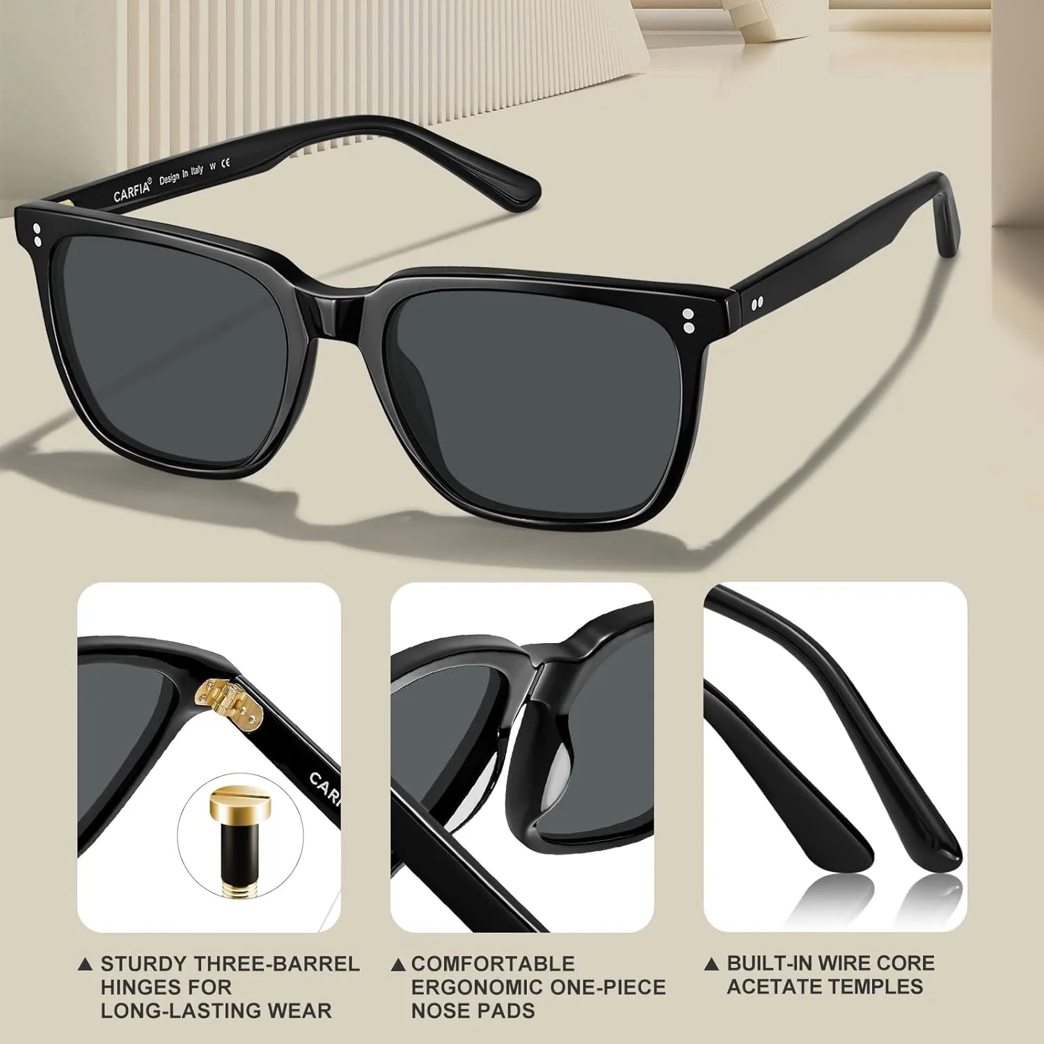 CARFIA Retro Acetate Polarized Sunglasses for Men UV400 Protection Driving Outdoor Anti-Glare Sun Glasses CA5354WS