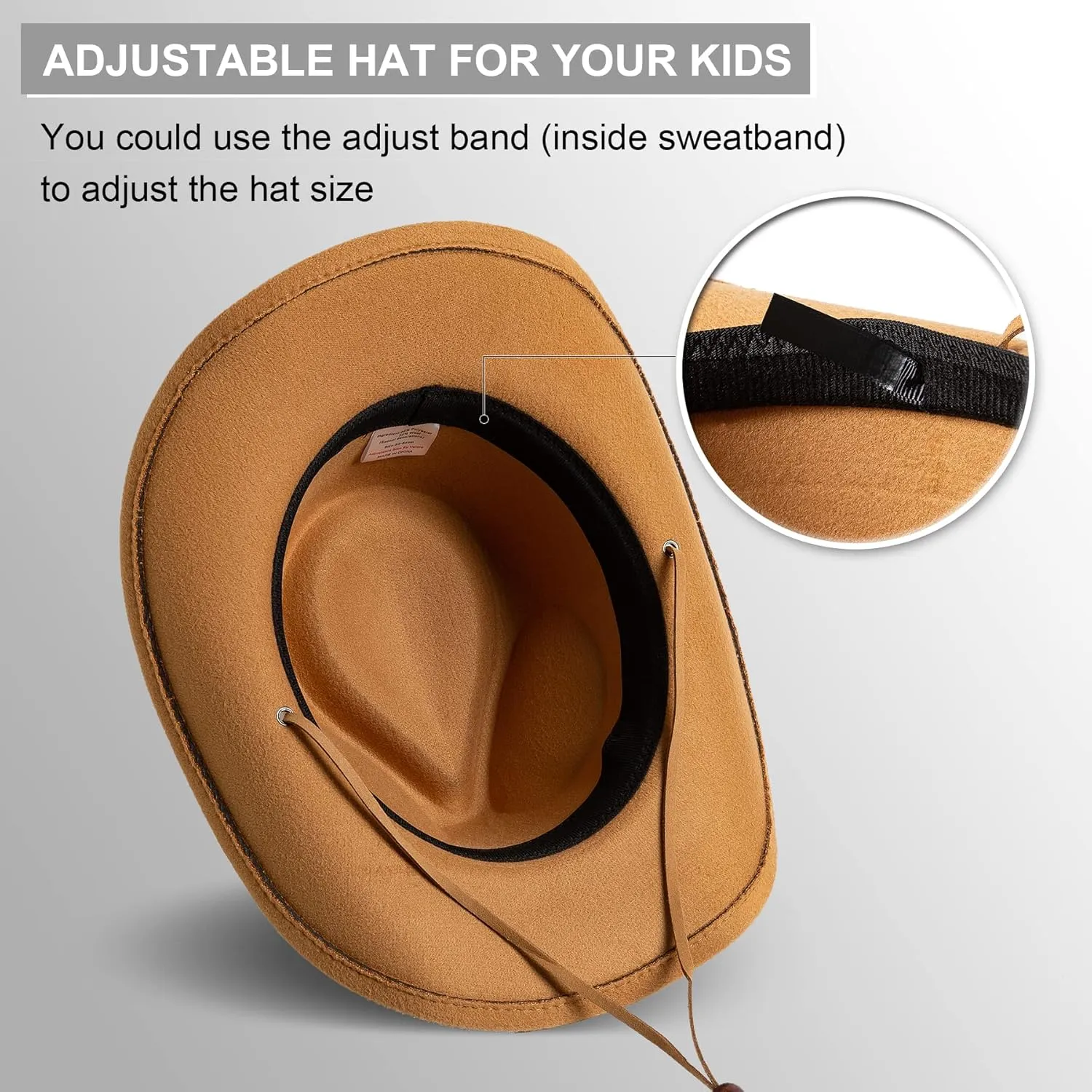 Jastore Kids Girls Boys Wide Brim Western Cowboy Cowgirl Hat with Wind Lanyard Felt Fedora Hat