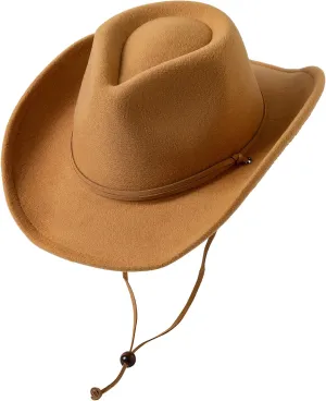 Jastore Kids Girls Boys Wide Brim Western Cowboy Cowgirl Hat with Wind Lanyard Felt Fedora Hat