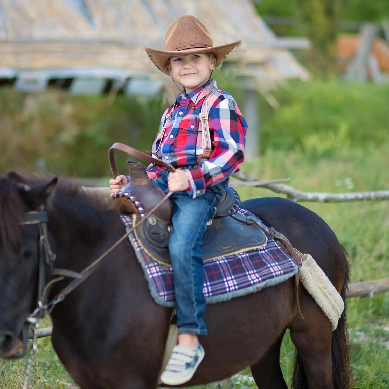 Jastore Kids Girls Boys Wide Brim Western Cowboy Cowgirl Hat with Wind Lanyard Felt Fedora Hat