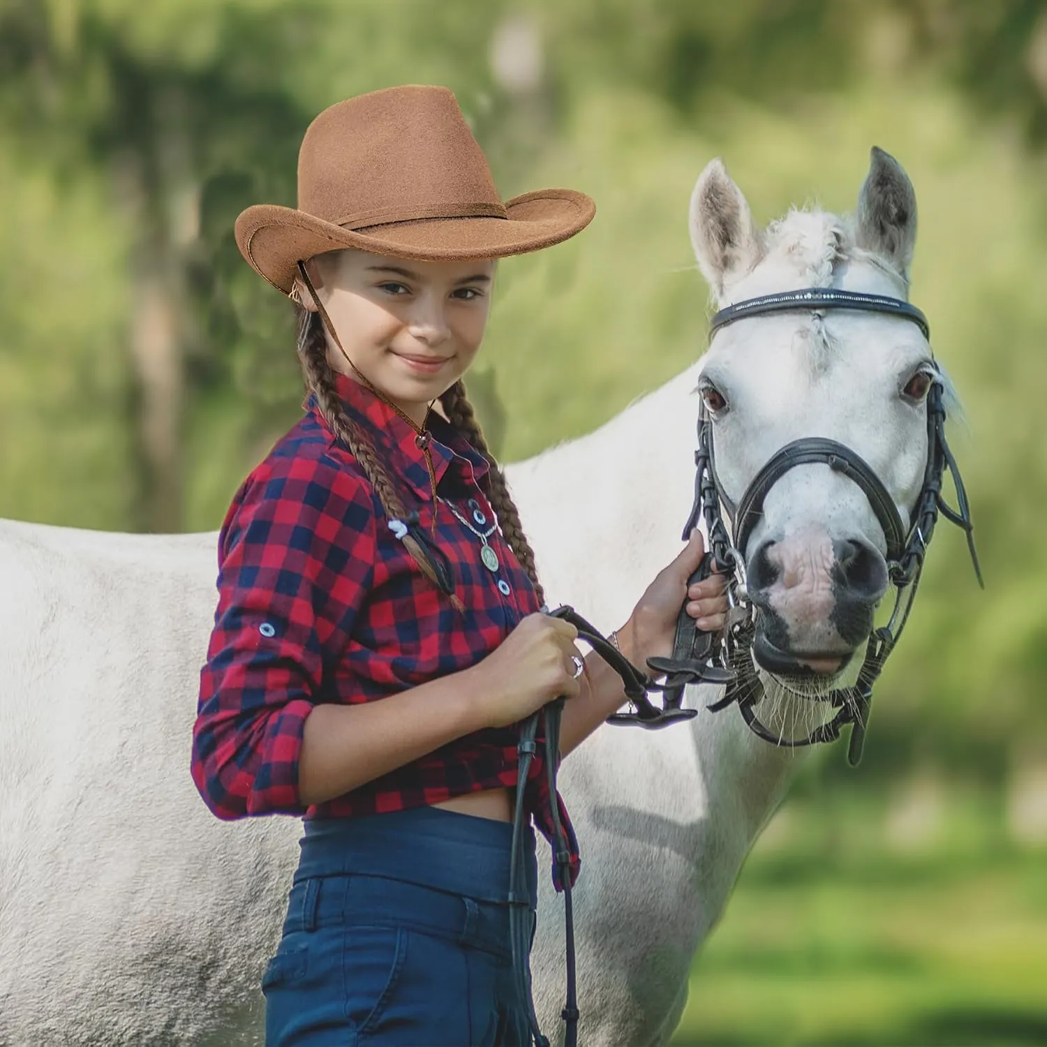 Jastore Kids Girls Boys Wide Brim Western Cowboy Cowgirl Hat with Wind Lanyard Felt Fedora Hat