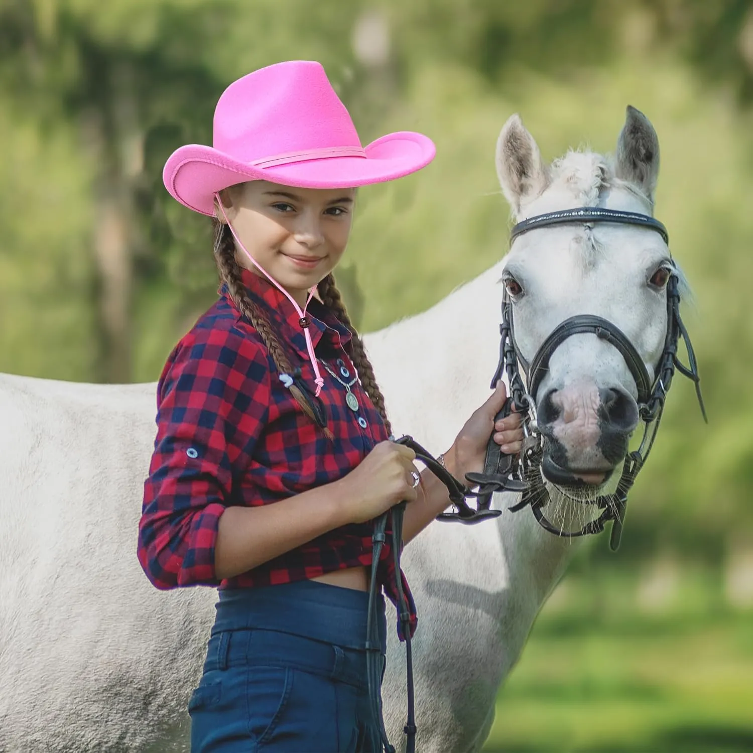 Jastore Kids Girls Boys Wide Brim Western Cowboy Cowgirl Hat with Wind Lanyard Felt Fedora Hat