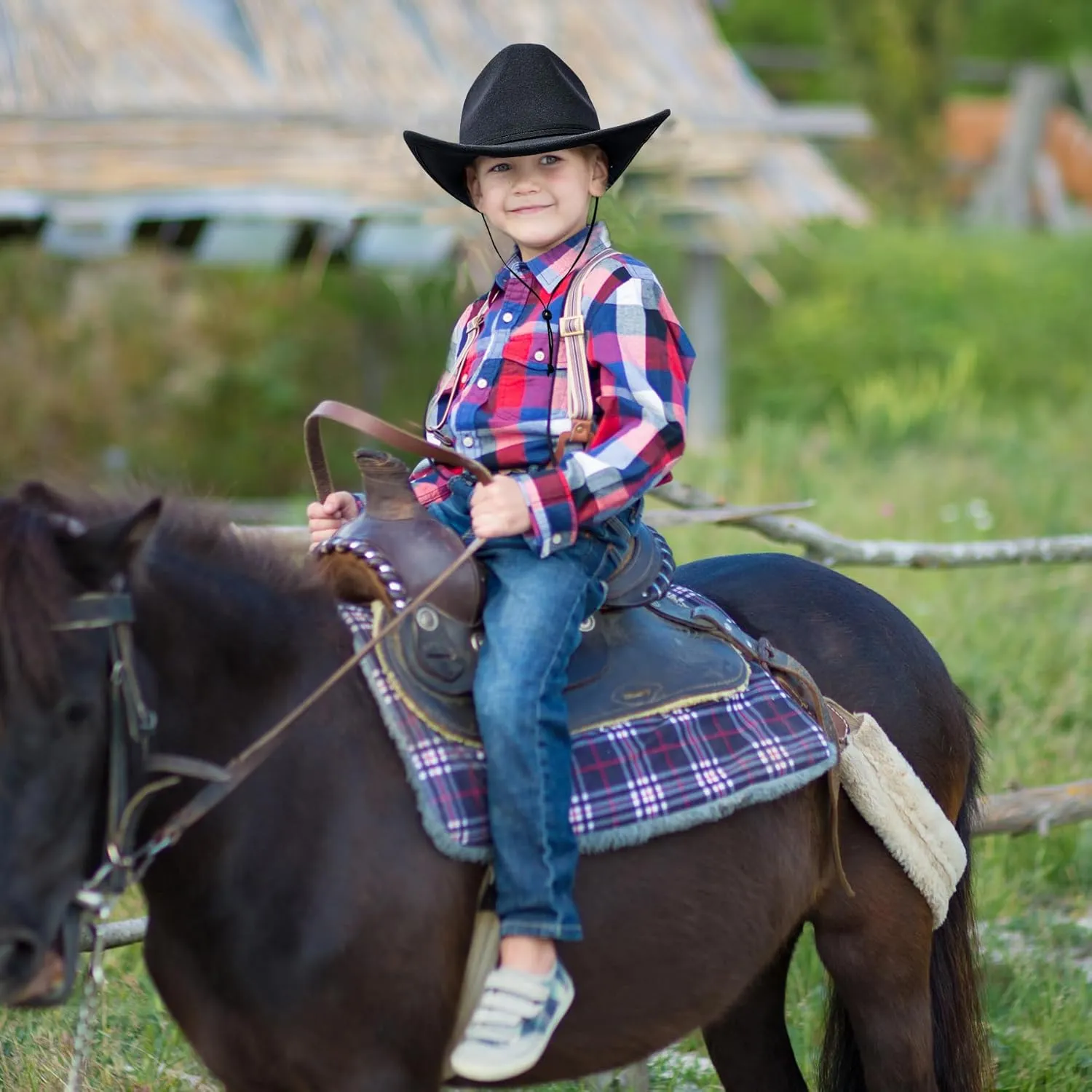 Jastore Kids Girls Boys Wide Brim Western Cowboy Cowgirl Hat with Wind Lanyard Felt Fedora Hat