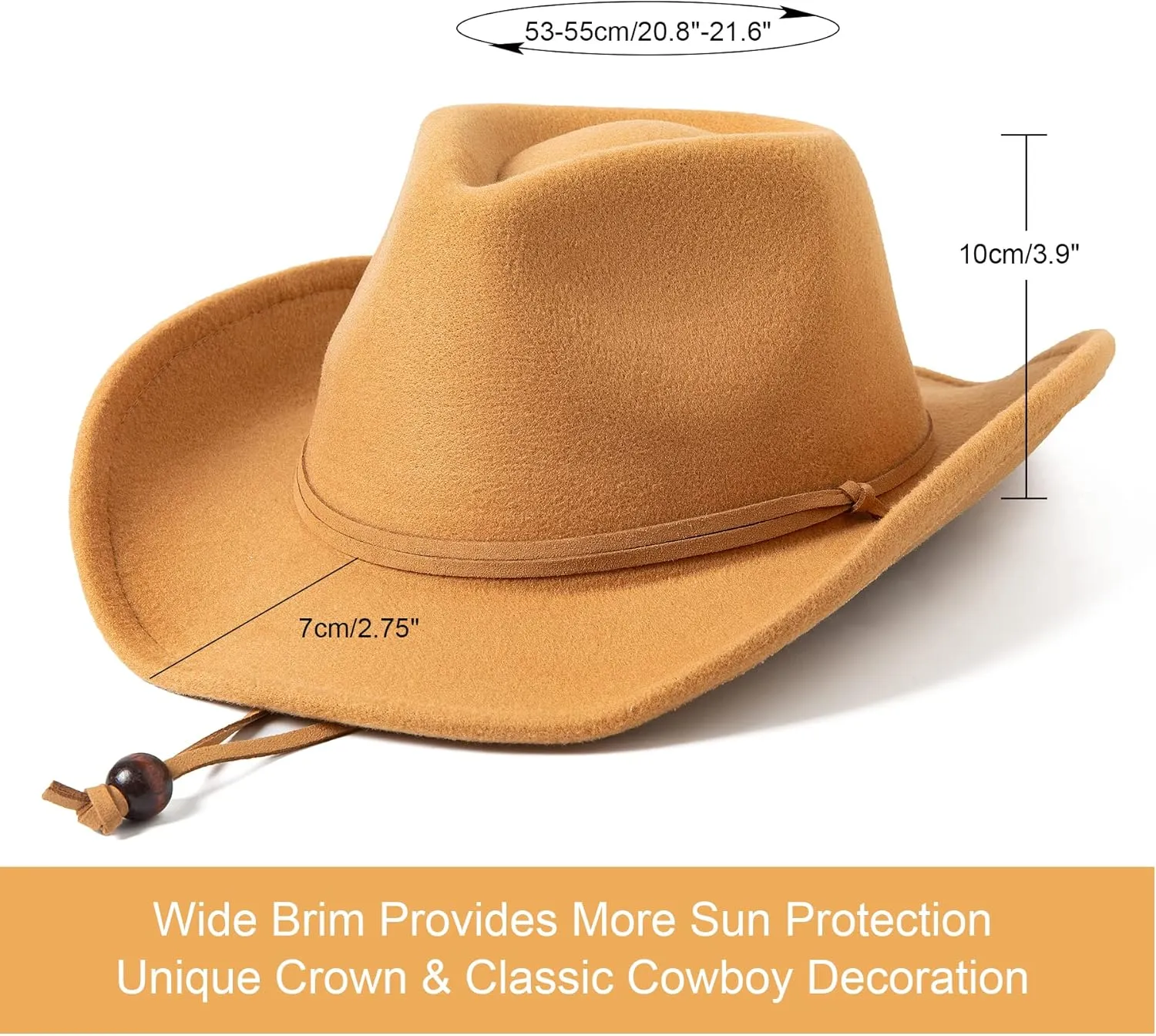 Jastore Kids Girls Boys Wide Brim Western Cowboy Cowgirl Hat with Wind Lanyard Felt Fedora Hat