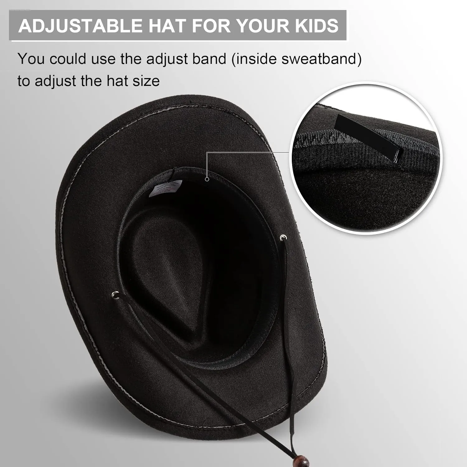 Jastore Kids Girls Boys Wide Brim Western Cowboy Cowgirl Hat with Wind Lanyard Felt Fedora Hat