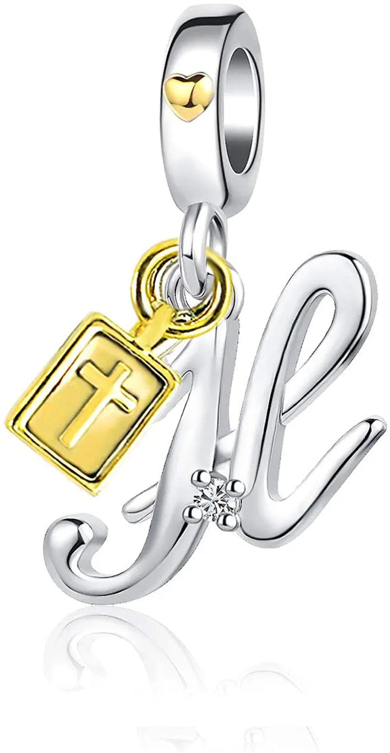 Letter Initial Love Heart Cross Holy Bible Dangle Bead Charms for Bracelets Necklace Alphabet