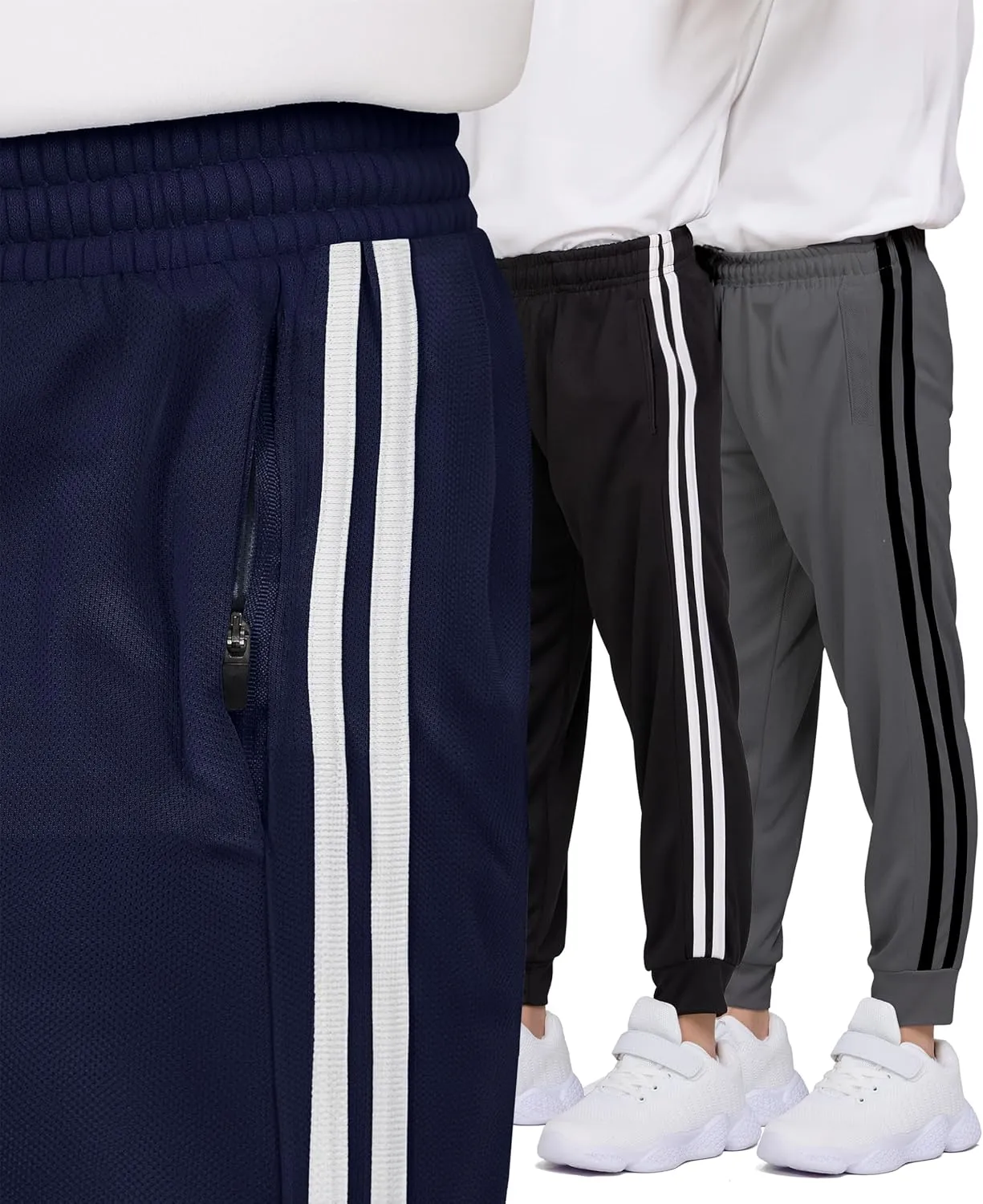 PURE CHAMP 3 Pack Boys Sweatpants Mesh Lightweight Kids Clothes with Zipper Pockets Active Quick-Dry Boys Pants Sizes 4-20