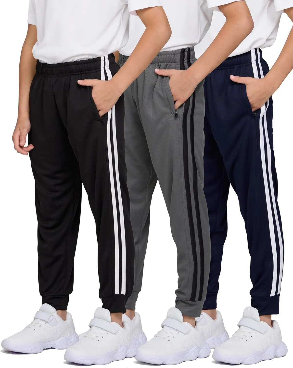 PURE CHAMP 3 Pack Boys Sweatpants Mesh Lightweight Kids Clothes with Zipper Pockets Active Quick-Dry Boys Pants Sizes 4-20