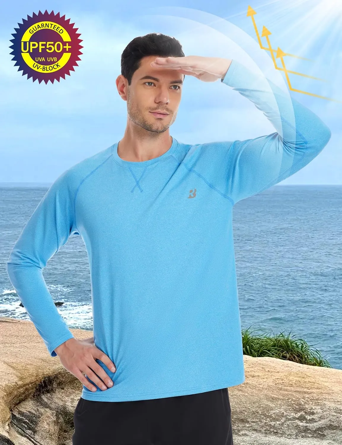 Roadbox UPF 50  Sun Shirts for Men, UV Protection Long Sleeve Swim Shirt, Lightweight Rash Guard for Fishing Hiking Running