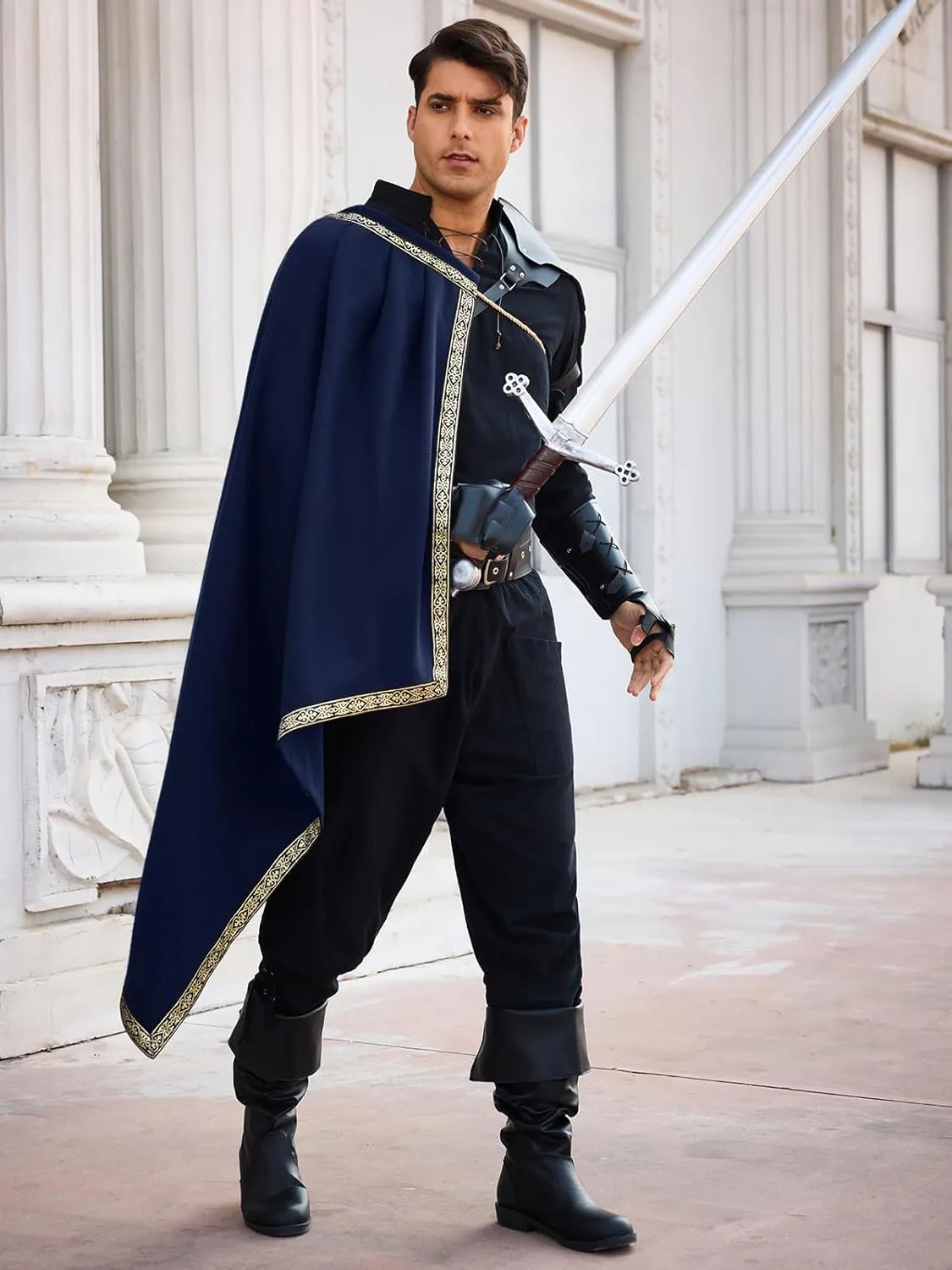 Runcati Mens Renaissance Shawl Half Shoulder Cape Medieval Samurai Cloak LARP Warrior Ren Faire Halloween Costume