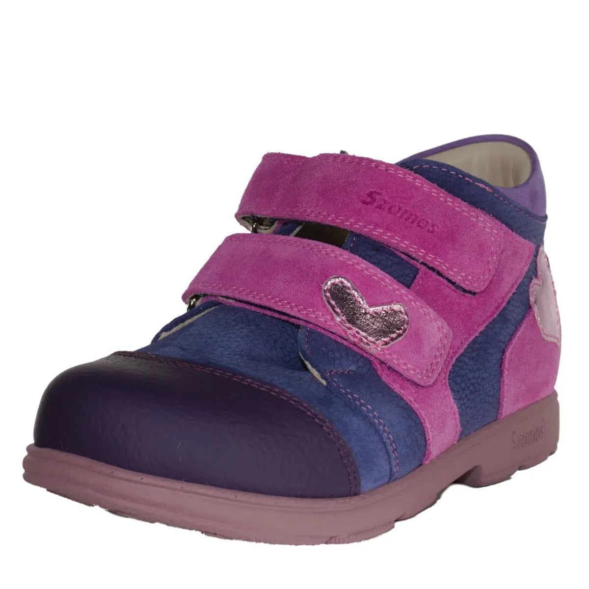 Szamos Kid Girl Supinated Sneakers Purple With Fuxia Velcro Straps And Heart Decor - Made In Europe