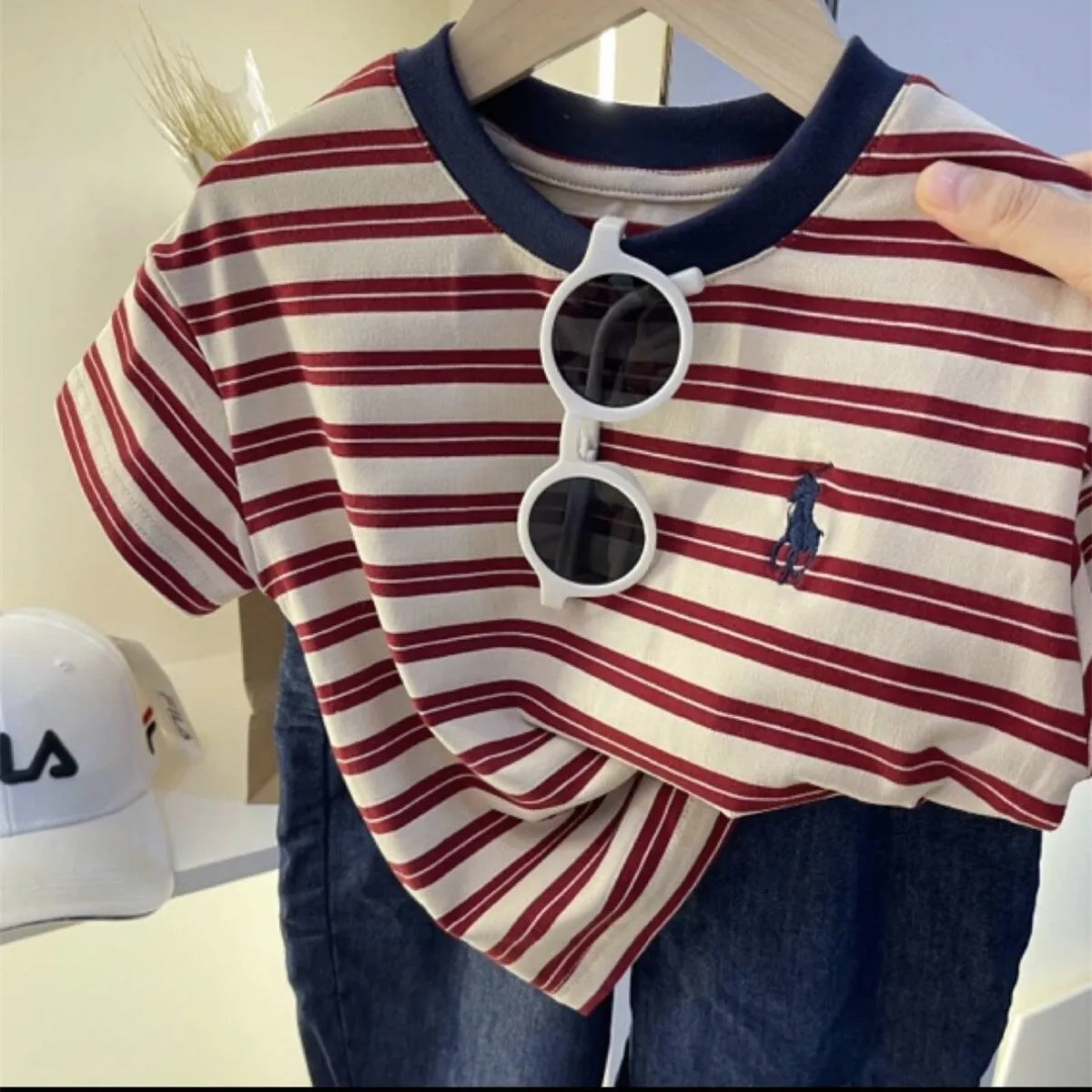 xiangtuibao  Blue Dad [Cool Feeling Ice Porcelain Cotton] Keding High Quality Combed Cotton Fabric Children's Summer Embroidery Short Sleeved T-shirt Cotton