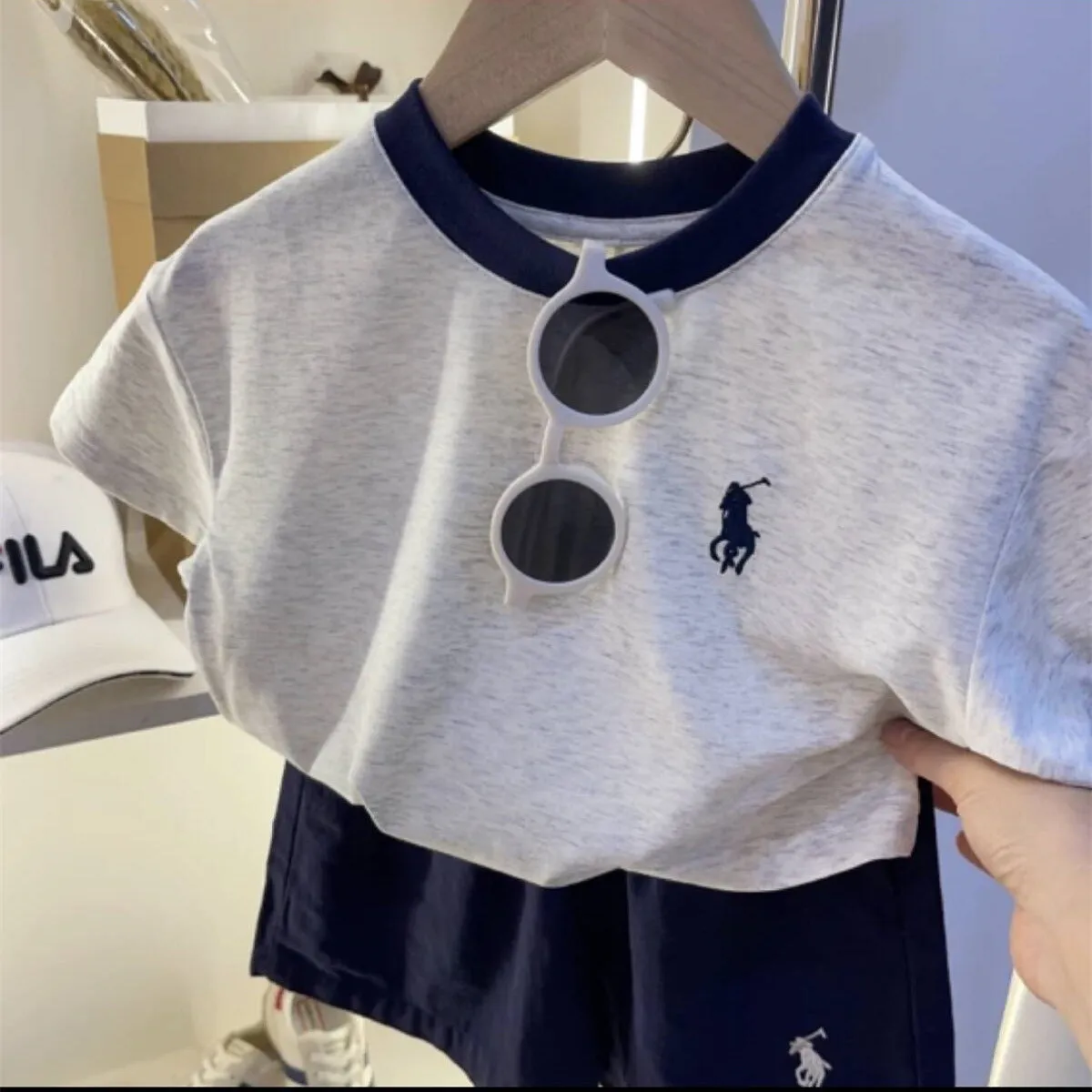 xiangtuibao  Blue Dad [Cool Feeling Ice Porcelain Cotton] Keding High Quality Combed Cotton Fabric Children's Summer Embroidery Short Sleeved T-shirt Cotton